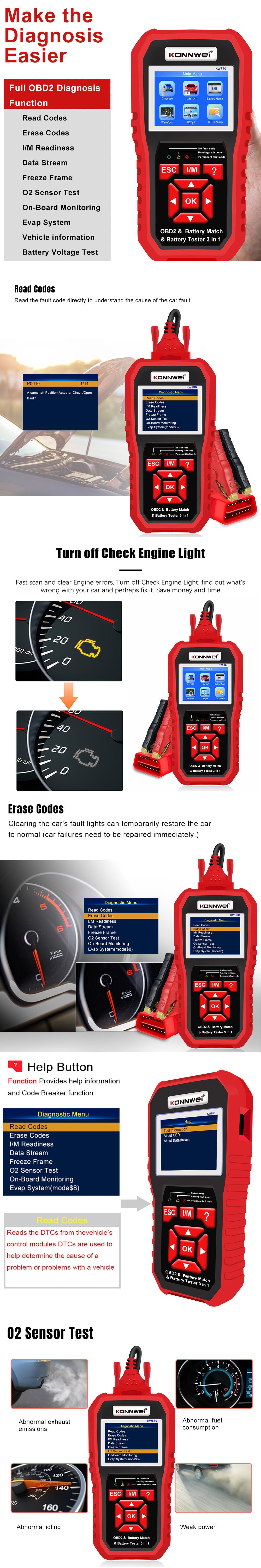 The customized KW880 is a three-in-one machine that integrates automotive diagnostic tools, automotive battery testers, and automotive battery matching pic 2