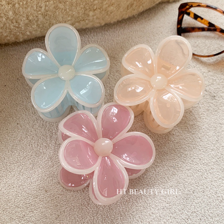 甜美五瓣花果冻色拼接发夹鸡蛋花盘发鲨鱼夹发饰详情8