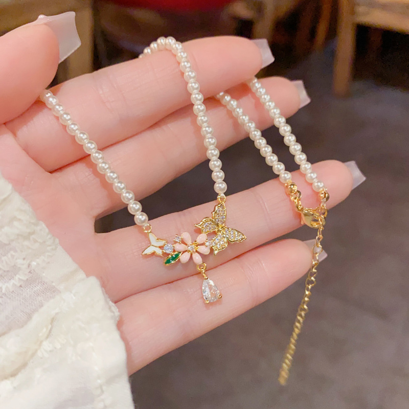 Spring new style, fashionable and sweet zircon butterfly pendant pearl necklace, exquisite and versatile, super fairy necklace pic 6
