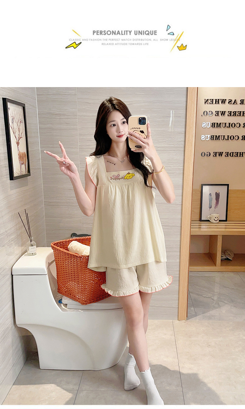 睡衣女夏季云朵棉甜美可爱风短裤吊带带胸垫套头家居服夏款两件套详情13