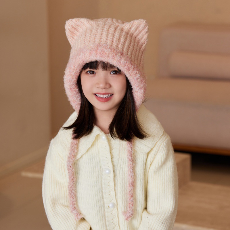 秋冬儿童护耳毛线帽时尚保暖猫耳朵女童可爱毛线帽针织帽韩版百搭详情5