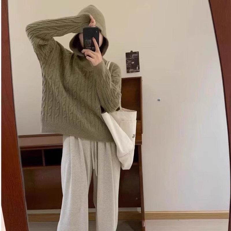 100羊毛连帽针织衫女冬休闲慵懒麻花帽衫毛衣显瘦内搭休闲羊绒潮详情13