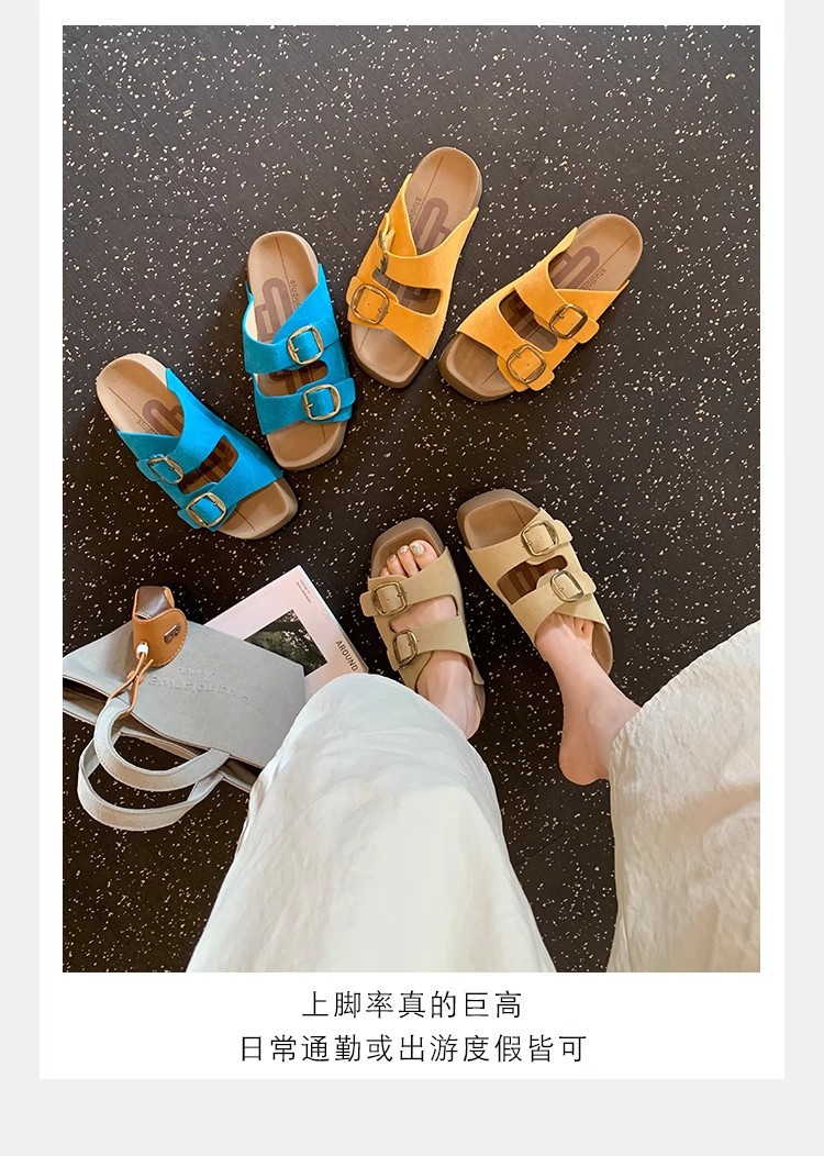 葡萄妈同款~ 真皮牛纹双扣带4.5cm厚底百搭懒人一脚蹬凉拖鞋女夏详情8