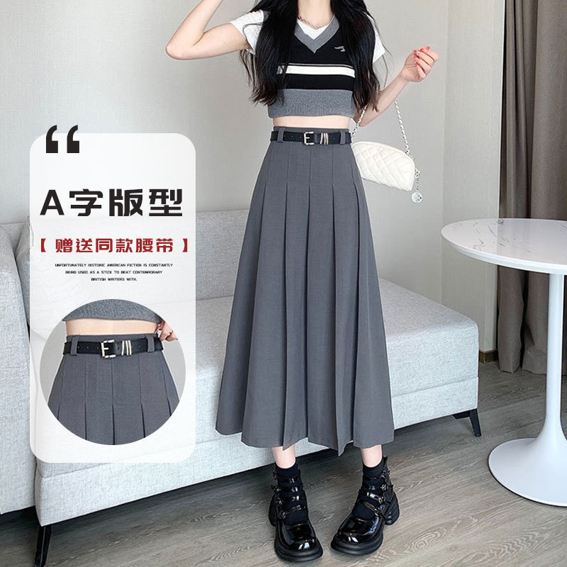 西装面料百褶裙长裙2024新款韩版简约黑色灰色法式高腰显瘦 a字版详情16