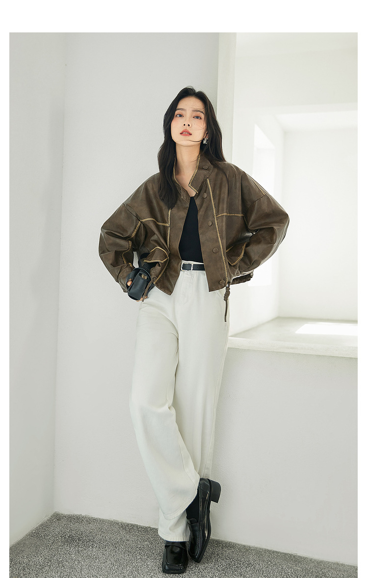 对白气质立领短款风衣外套女2024秋装新款抽绳高级感通勤皮衣夹克详情6