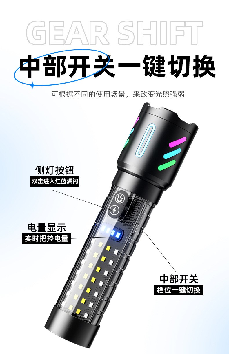 A new cross-border white laser long-range rechargeable flashlight with built-in battery, featuring a fluorescent strip and red and blue flashing outdoor flashlight pic 4