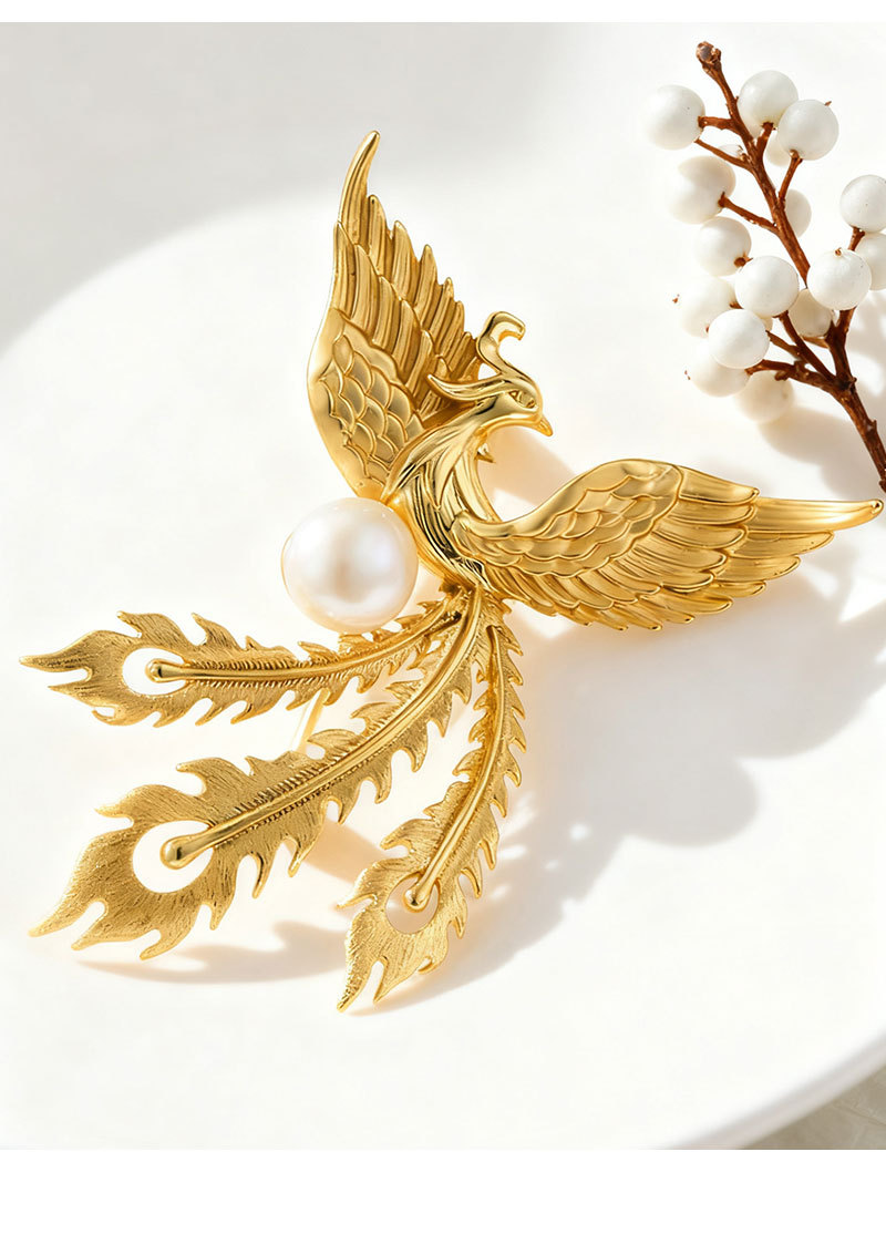 دبوس العنقاء الذهبي المميز، سبائك نحاسية ذهبية حقيقية، مزخرفة بالذهب من لؤلؤة مياه عذبة عذبة pic 13