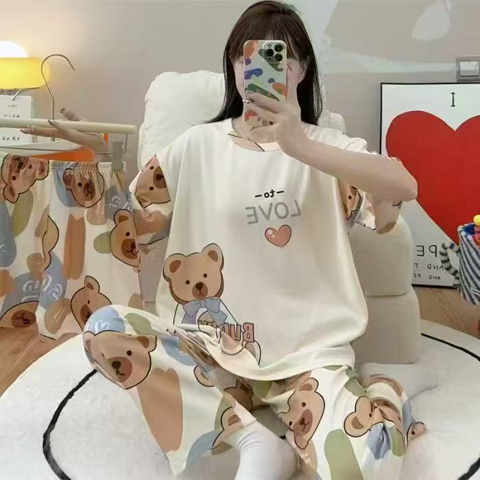 pajamas外贸工厂批发卡通夏季睡衣女短袖大码长裤三件套家居套装详情39