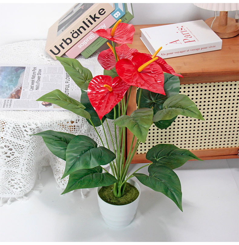 Finished handcrafted red artificial flower anthurium decoration, wedding spring plants, kalanchoe potted artificial green plants, office culture pic 6