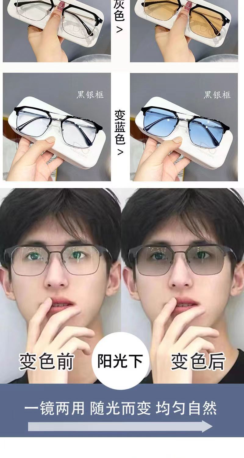 新款复古双梁男款大框防蓝光变色眼镜自动感光变色成品近视眼镜框详情3