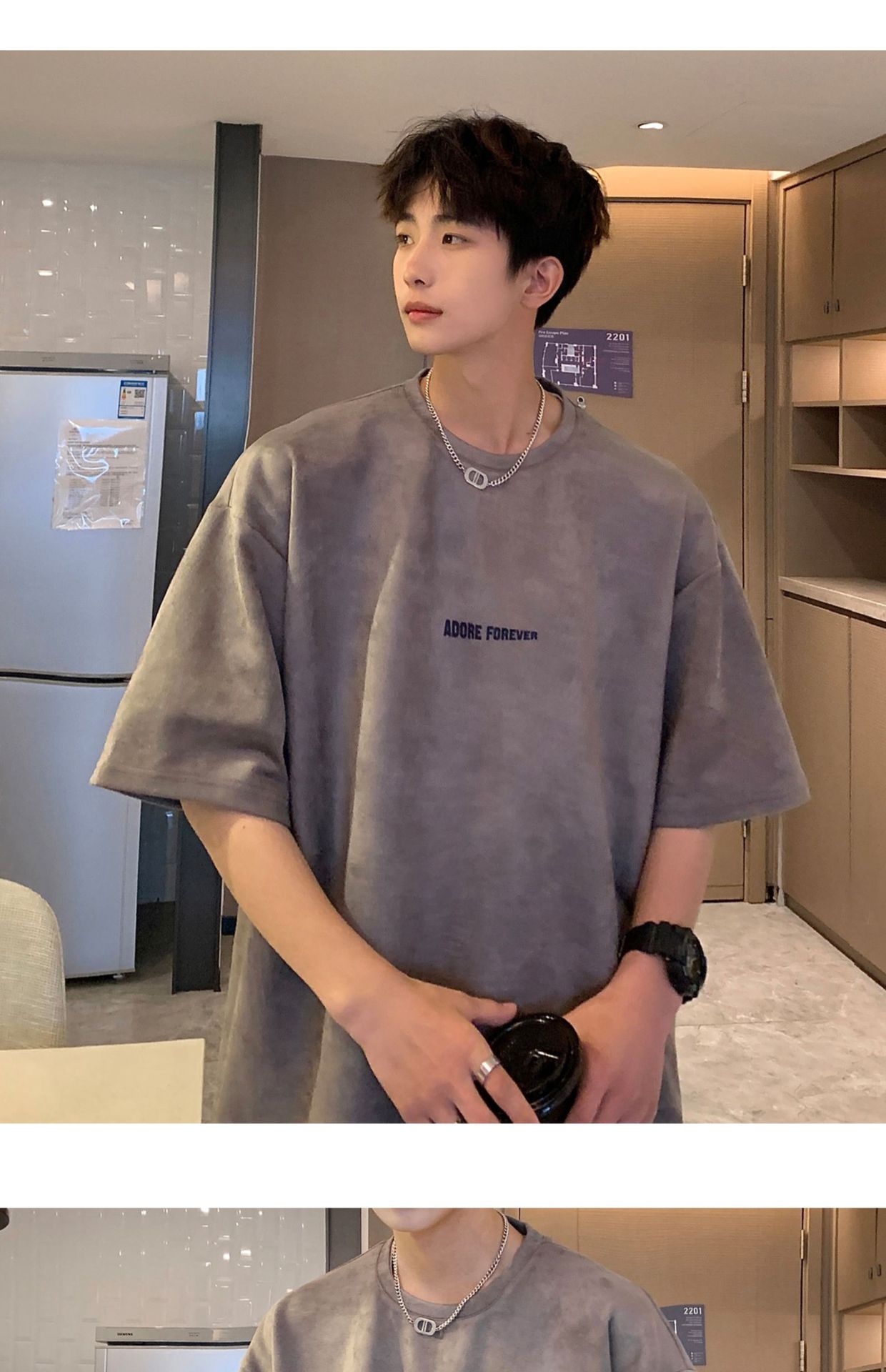 Avocado Green 320g heavyweight T-shirt for men, American retro suede short-sleeved, oversized small collar, three-quarter sleeve pic 22