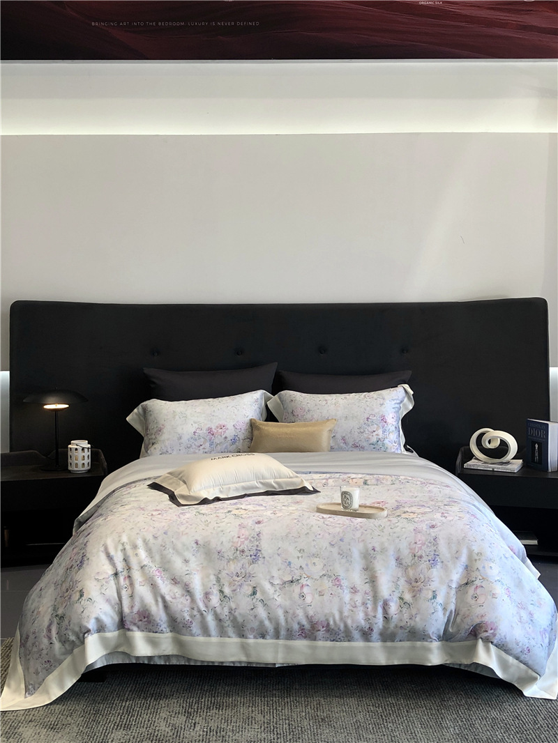 Cool ultra-fine denier Tencel summer light and cool condensation filament four-piece set, elegant printed sweat-absorbing nude bedding pic 28