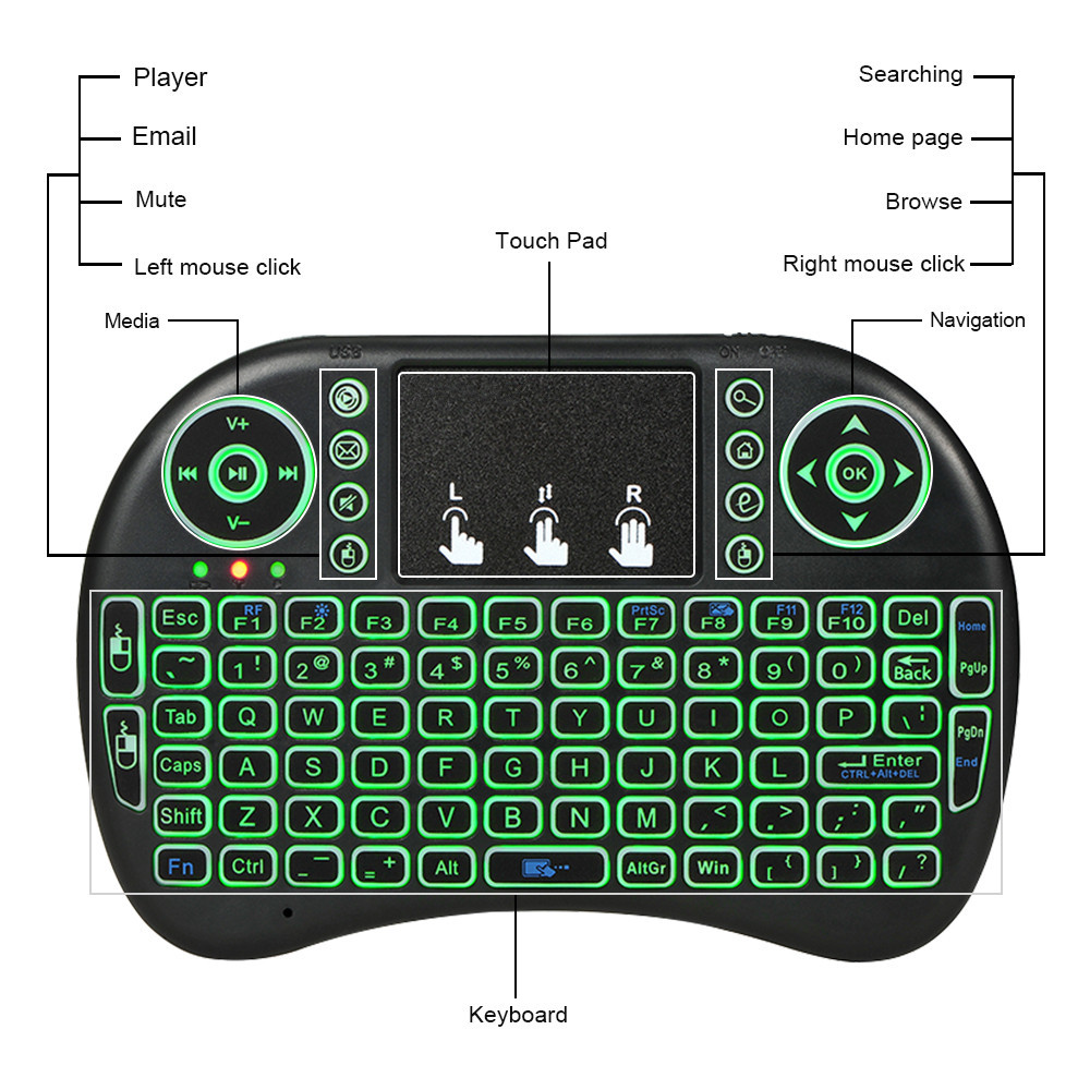 i8 keyboard, wireless keyboard, backlit mini keyboard and mouse, 2.4g air mouse, touch computer keyboard, seven-color marquise light pic 40