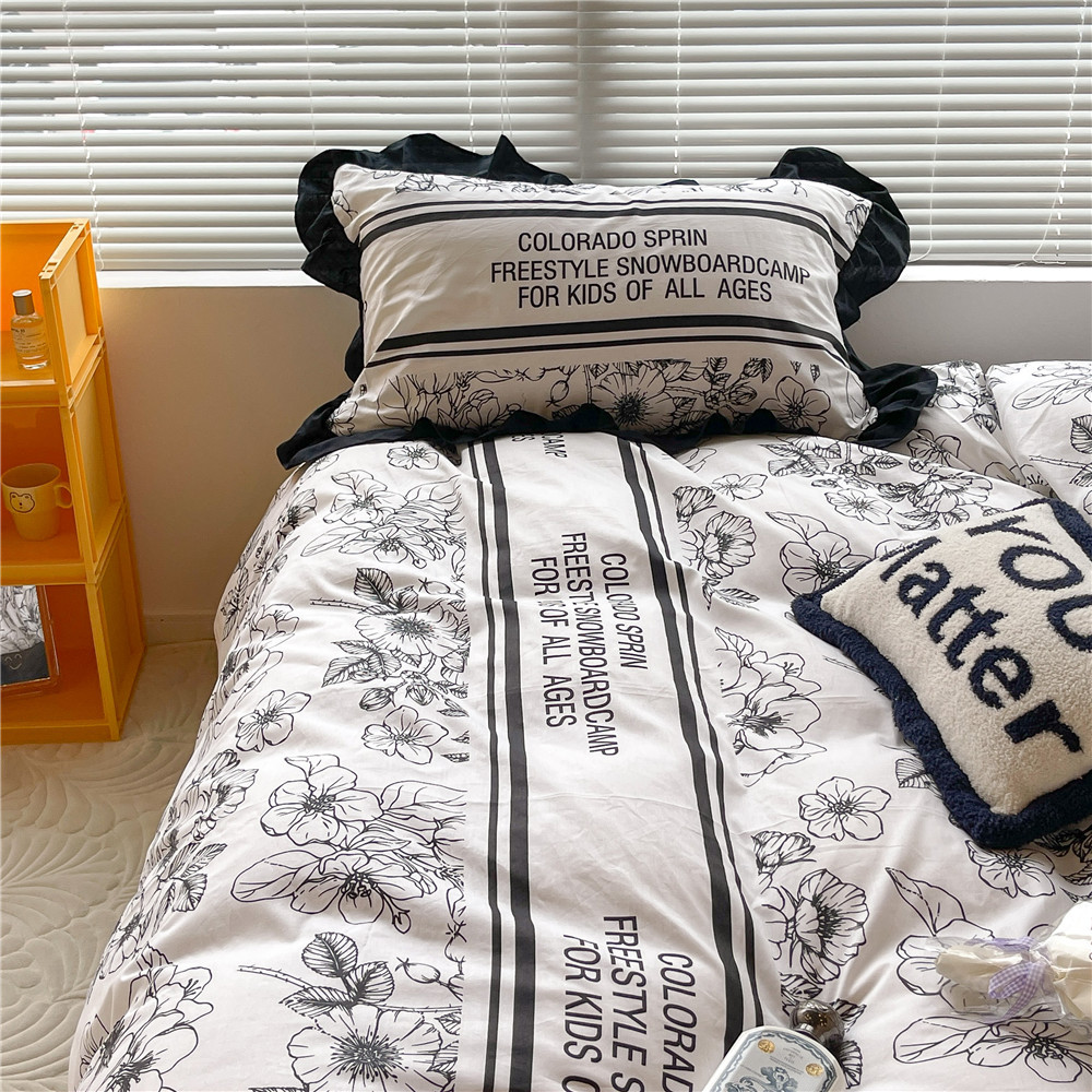 French Hepburn style pure cotton four-piece set, high-end feel, pure cotton black and white sketch flower duvet cover, all-cotton edge bedding pic 23