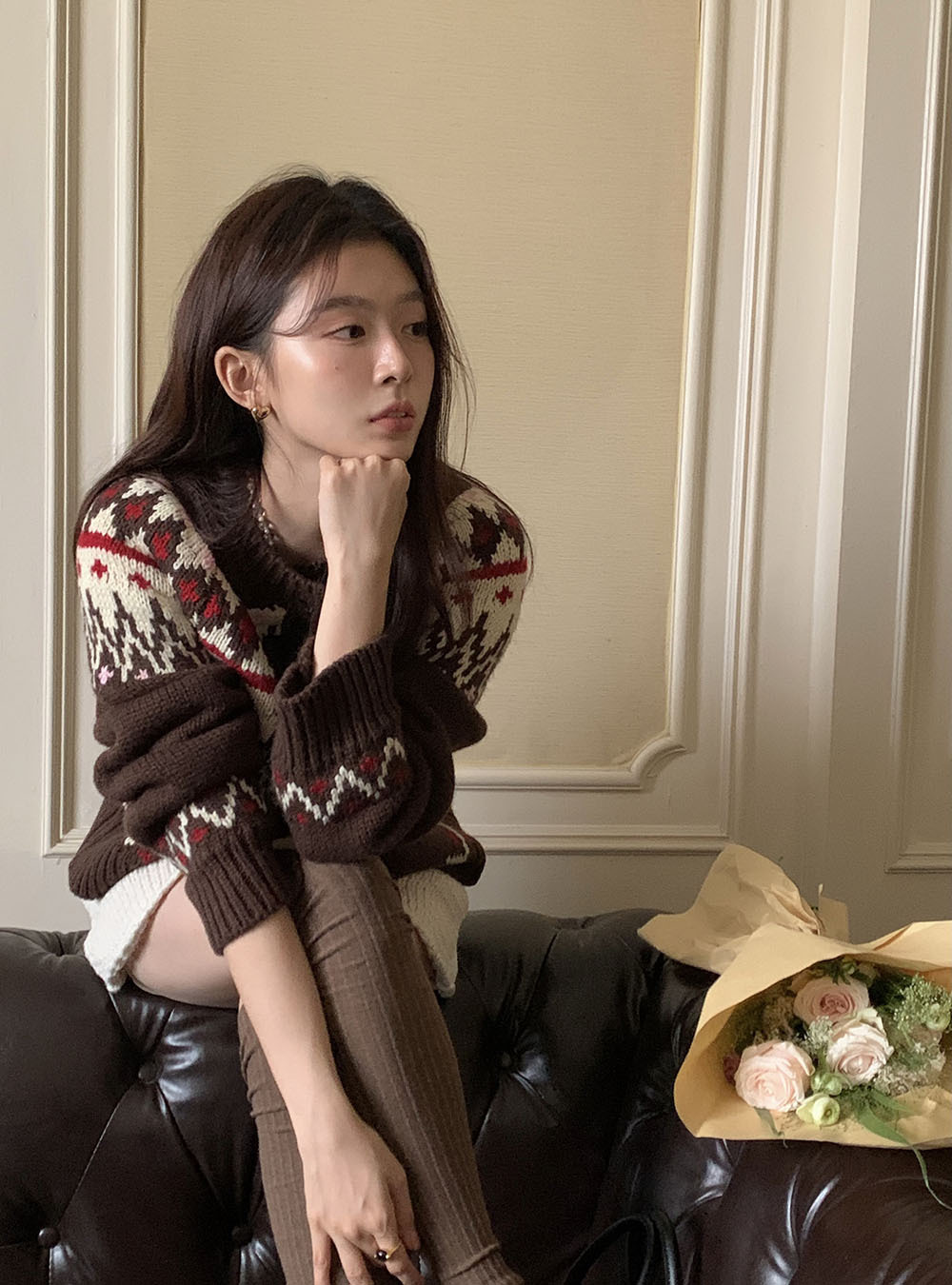 费尔岛复古美式少女撞色波普提花单排扣针织开衫厚实保暖毛衣外套详情22