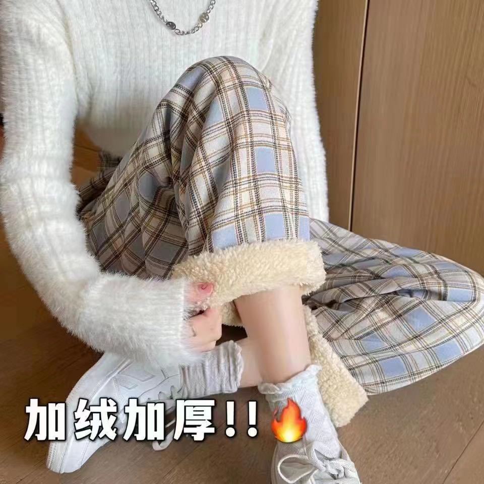 阔腿裤秋冬女款加绒羊羔绒格子裤女高腰直筒裤女垂坠感裤子详情5