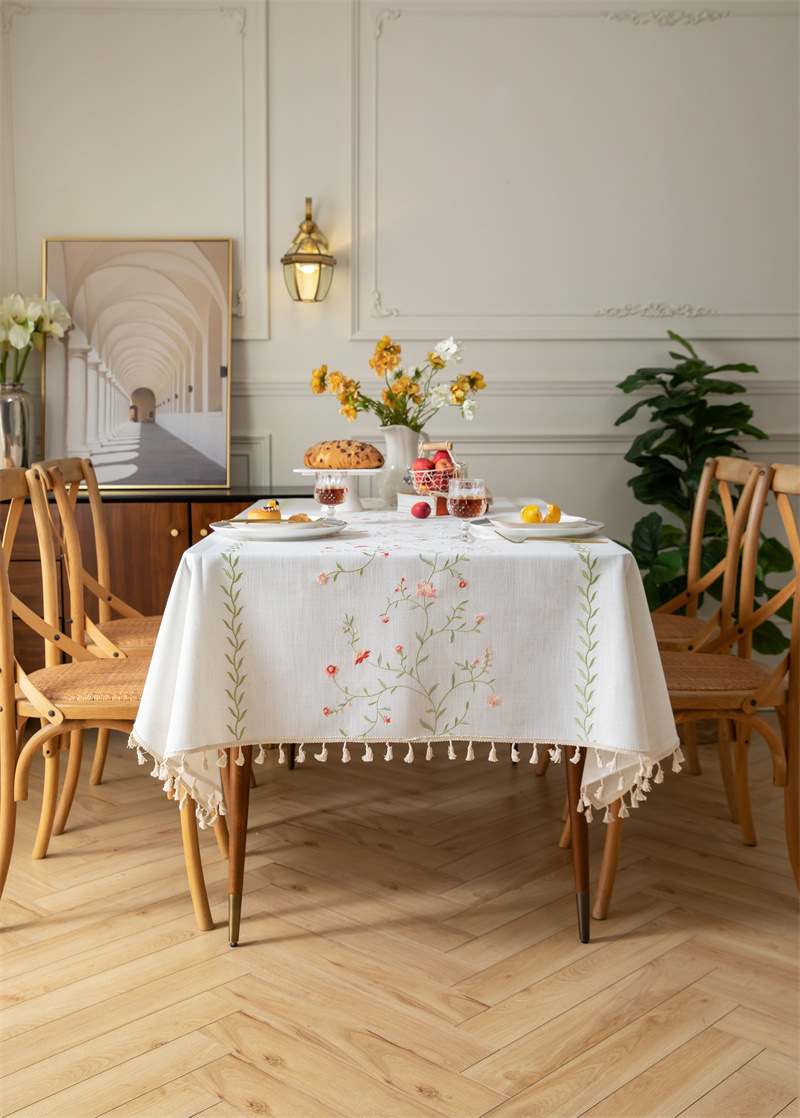 Amazon cross-border embroidered checkered flower tassel tablecloths, rectangular coffee tables, tablecloths and table coverings manufacturer embroidery pic 3