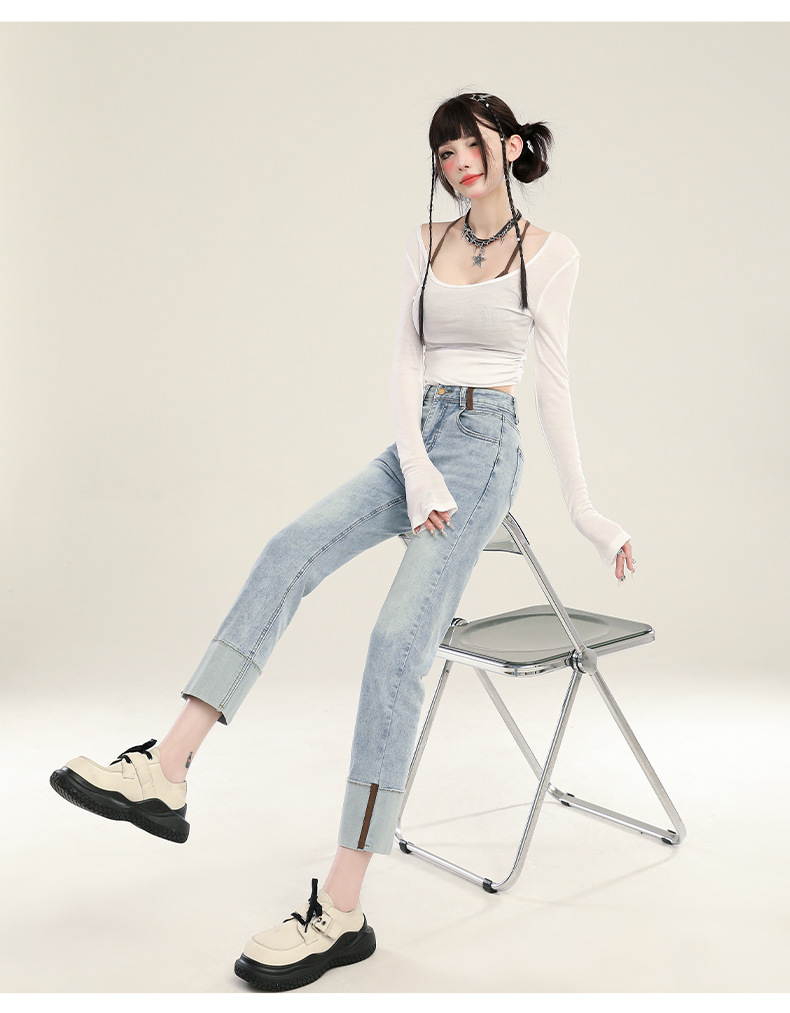 水泥灰卷边烟管牛仔裤女夏季2024新款高腰小个子九分法棍直筒裤子详情26