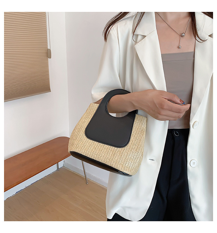 2023夏季复古撞色拼接草编包大容量手工编织包简约时尚单肩手提包详情7