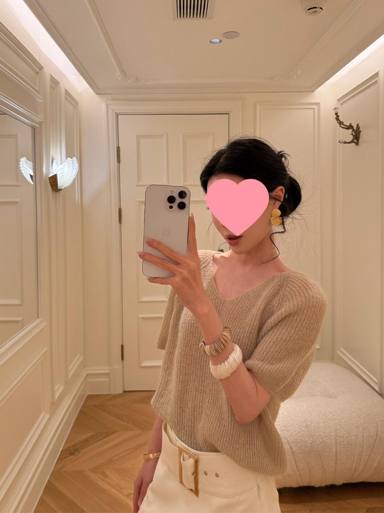 韩系气质高级感卡其色针织衫T恤女夏季高腰显瘦白色A字短裙两件套详情6