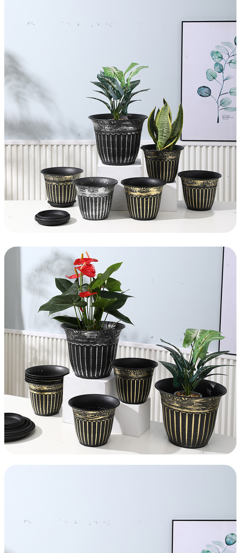罗马柱花纹刷漆塑料花盆定制北欧风加厚树脂种植盆绿植控根加仑盆详情6