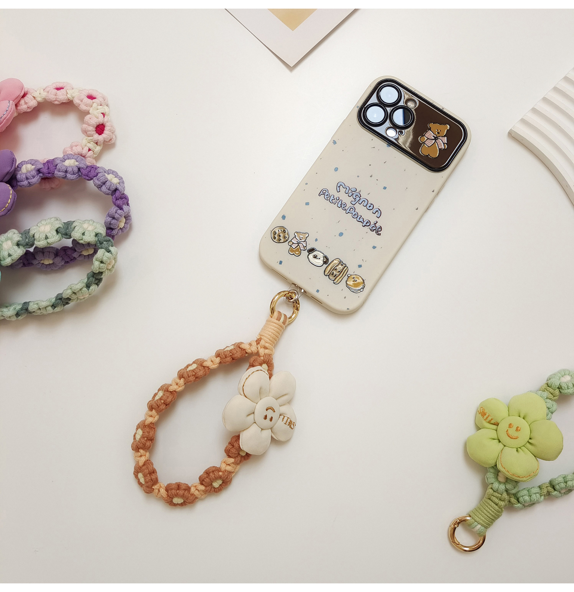 日韩可爱手工编织花朵钥匙扣手机挂件立体花花手腕挂绳手作礼品女详情2