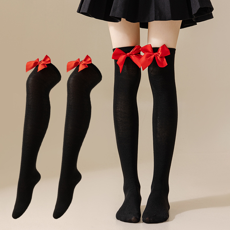 New European and American Halloween and Christmas knee-high socks, single-color striped thigh-high socks with bows, available in multiple colors pic 10
