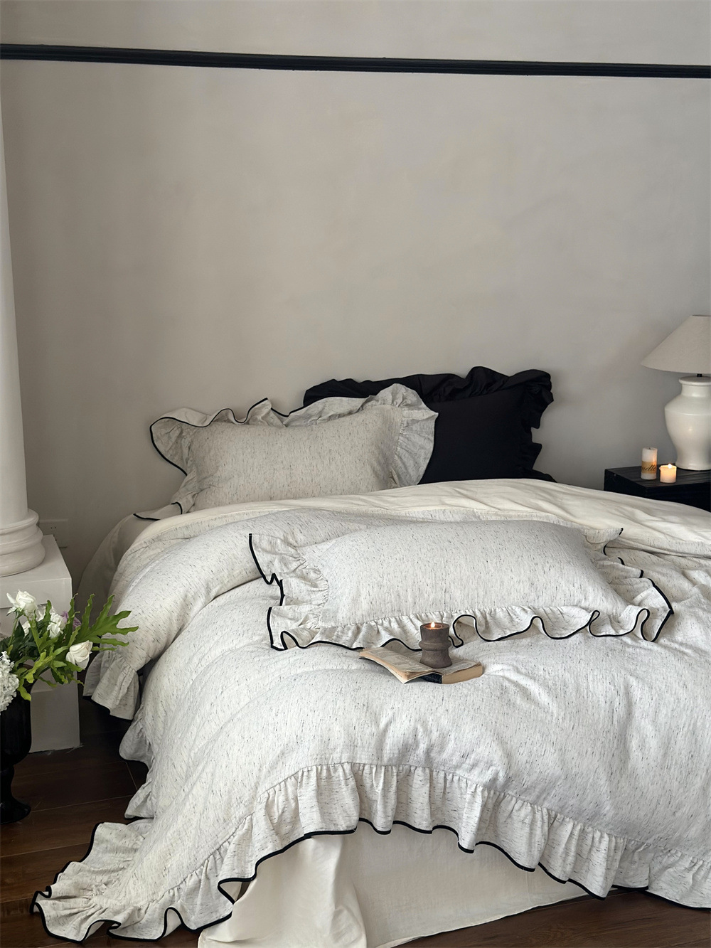 French-style high-grade dyed all-cotton double-layer yarn four-piece set, pure cotton black fringed lace duvet cover, princess-style naked sleeping bed sheet pic 7