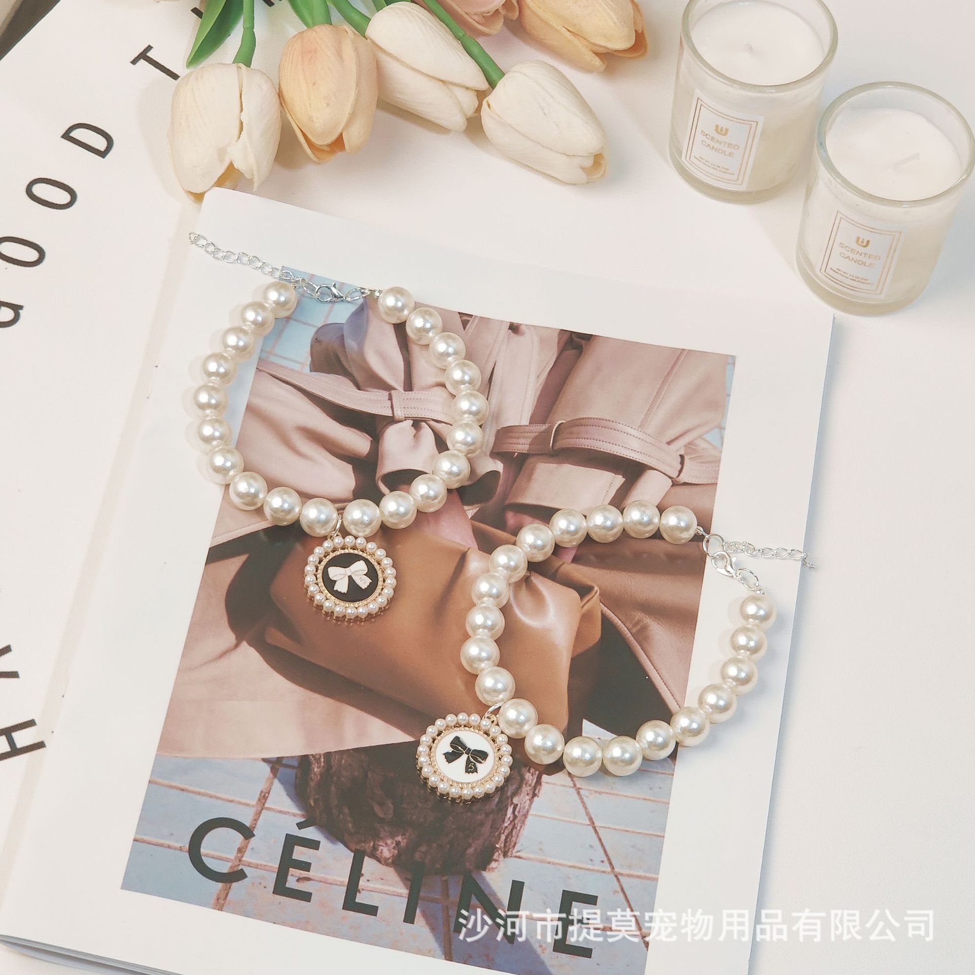 Pet cat, German cat, dog, pearl necklace, collar, small chanel-style gemstone bow, plush toy and accessories pic 4