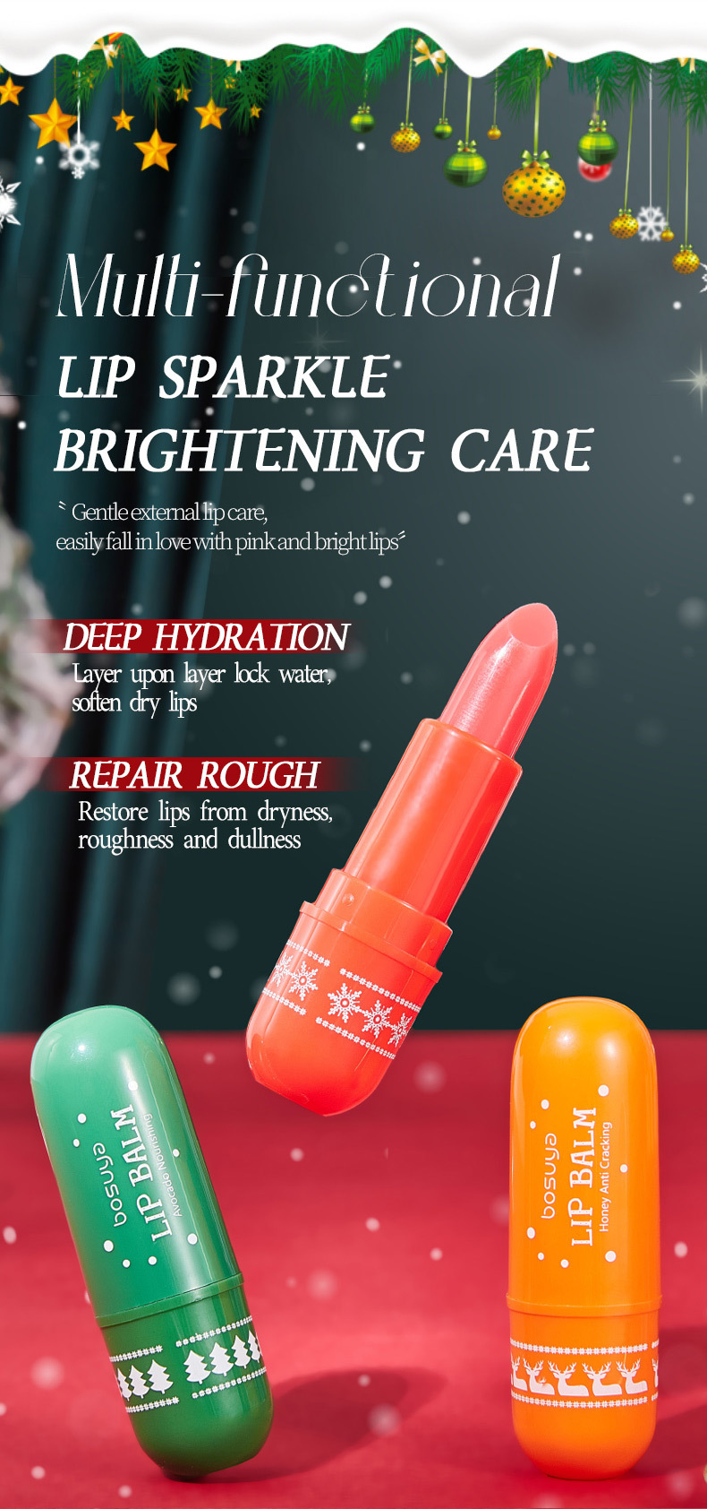 【 Cross-border Exclusive 】bosuya Christmas Lip Balm Set: Exfoliating, Reducing Lip Lines, Hydrating and Moisturizing Lip Balm pic 4