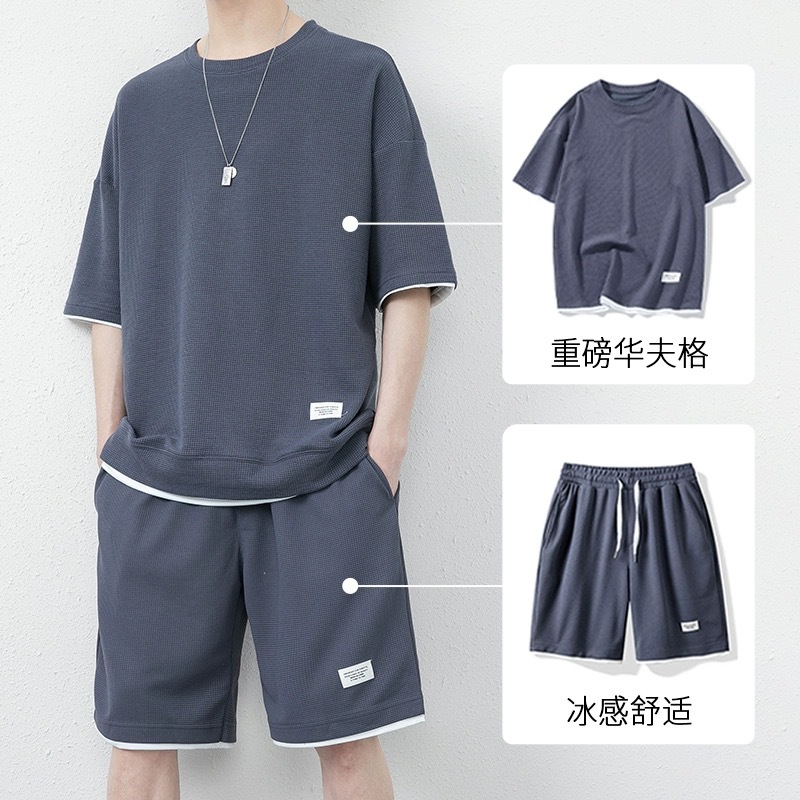 华夫格休闲套装男士夏季青少年大码男装运动短袖短裤搭配一套T恤详情7