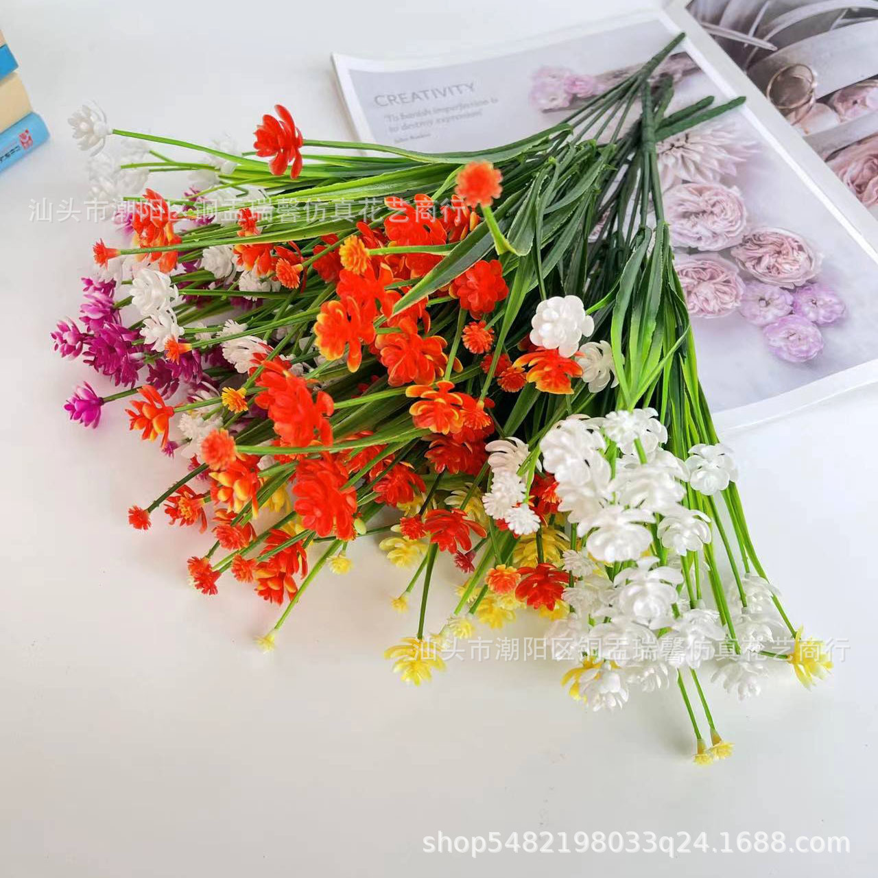 亚马逊跨境人造花7叉春草茶花仿真花满天星玫瑰花水仙花玉米花详情15