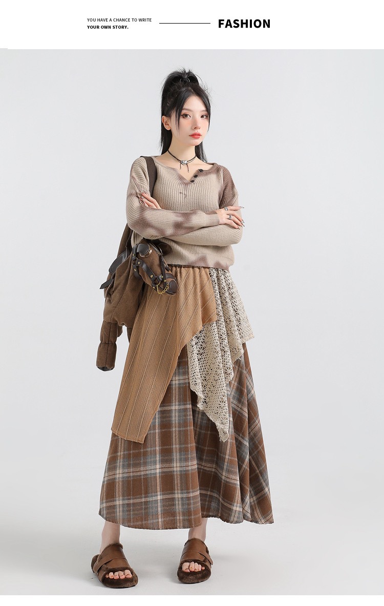 Forest-themed retro checkered skirt for women 2025 new autumn and winter design, irregularly pieced high-waisted A-line long dress pic 36
