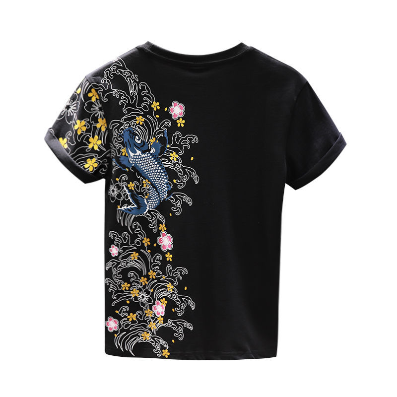 A new summer trend brand of Chinese style, carp, ethnic style, embroidery, personalized, loose short-sleeved T-shirt for men, casual top pic 4