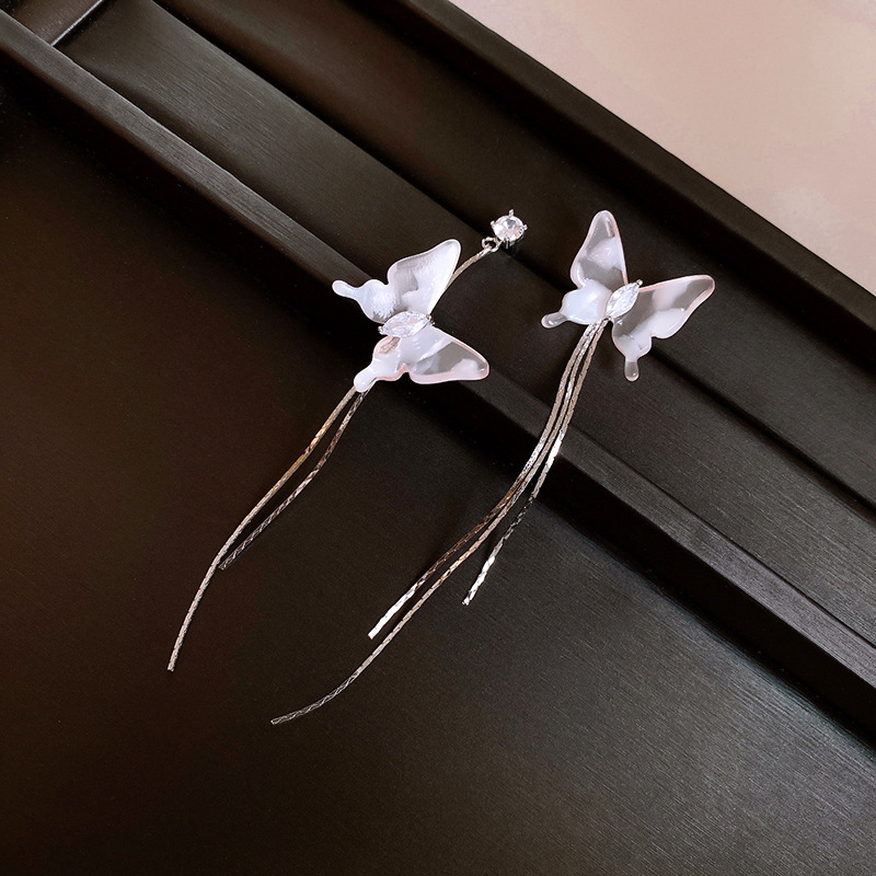 银针不对称蝴蝶树脂流苏耳钉气质高级感耳环甜美小清新耳饰批发女详情7