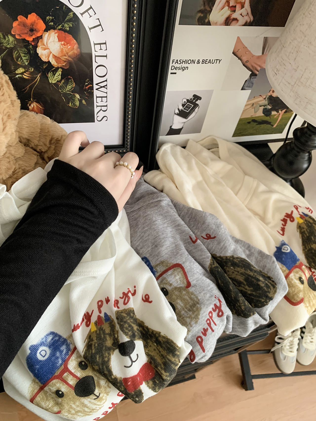 Loose-fitting, wide-necked, thin, sun-protective smock for women, summer, youthful cartoon printed long-sleeved T-shirt, U-neck top pic 42