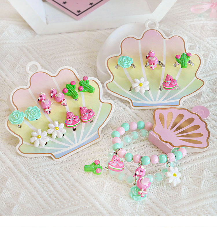 欧美外贸新款儿童首饰卡通火烈鸟冰淇淋星星蝴蝶结手链戒指耳夹详情1