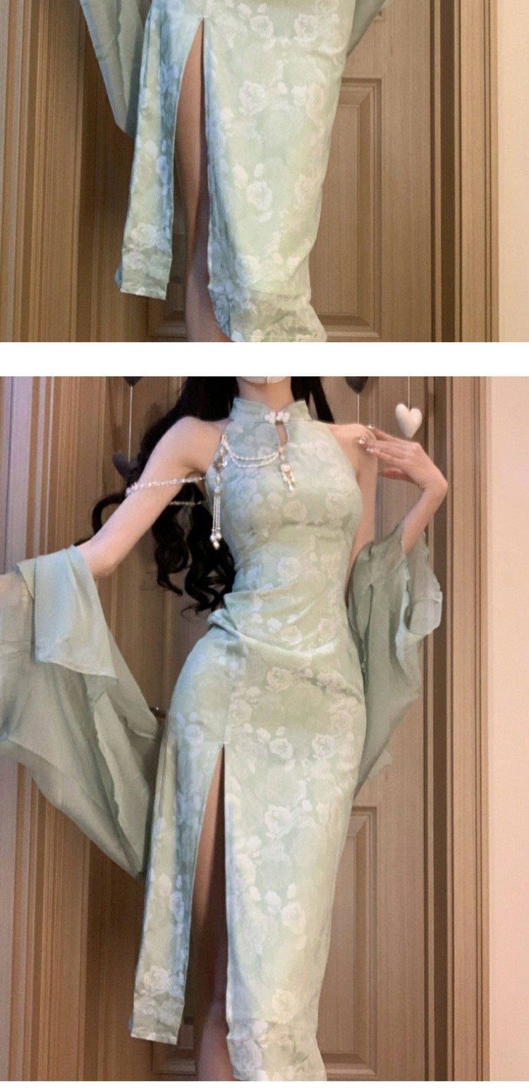 新中式绿色挂脖连衣裙女夏季旗袍改良年轻款气质开叉露肩无袖长裙详情8