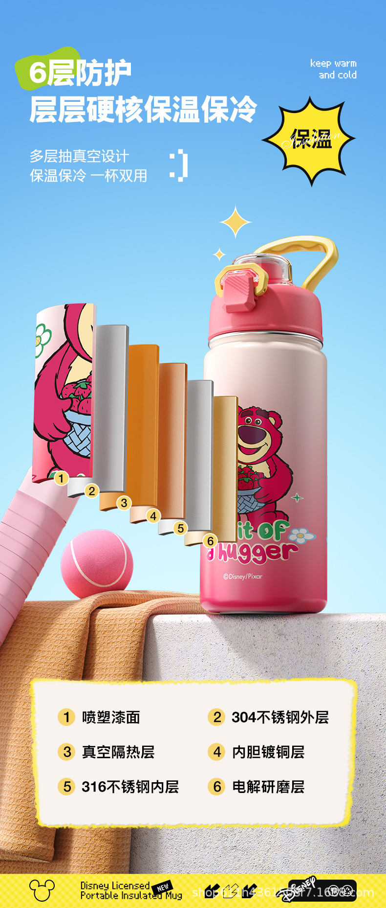 草莓熊米奇大容量卡通可爱创意便携316不锈钢手提水杯批发保温杯详情5