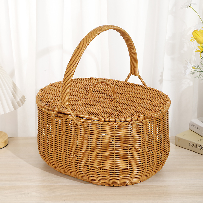 Flower basket, hand-held plastic rattan imitation rattan woven flower arrangement, waterproof hand-woven, hand-held festival souvenir basket, flower blue pic 4