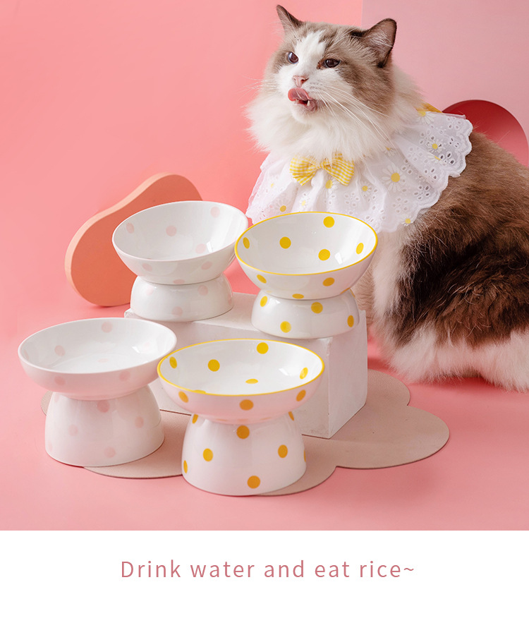Customized Hepburn-style polka dot cat bowl, ceramic high-legged spine protection pet bowl, slanted cat basin, easy-to-clean ceramic food bowl pic 11