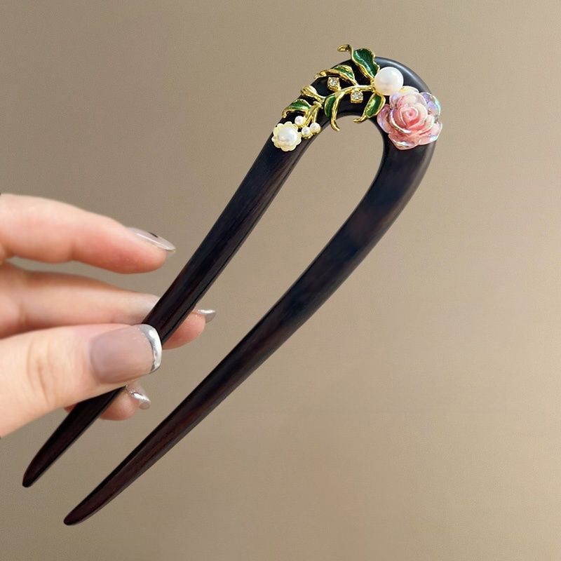 New Chinese style - Wooden hairpins, U-shaped double hairpins, flower hairpins, daily updo hairpins, ancient-style Hanfu cheongsam headwear for women pic 3