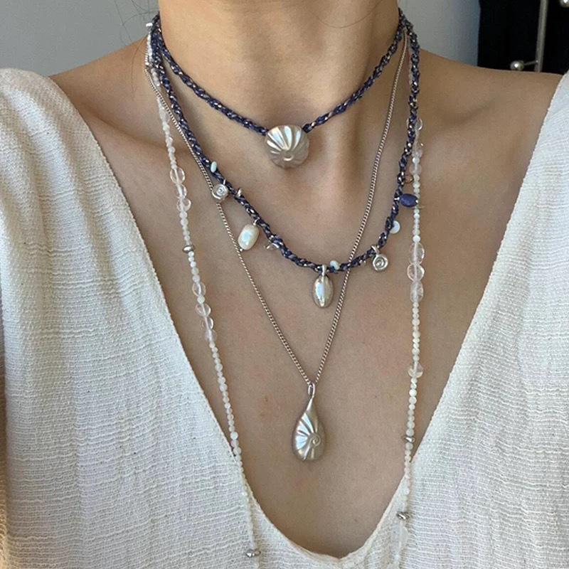 欧美时尚褶皱贝壳复古编绳项链小众设计淡水珍珠度假风叠戴锁骨链详情1