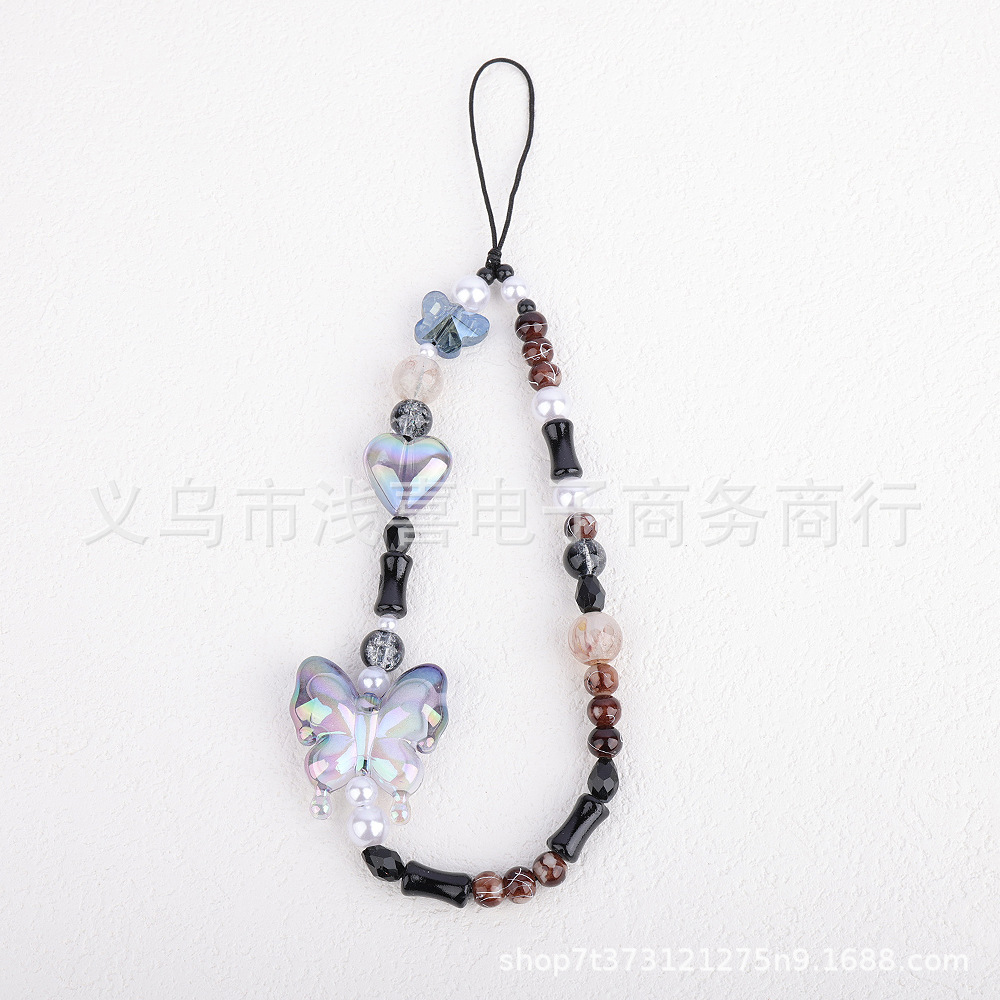 Hepburn style butterfly crystal mobile phone chain short lanyard, ins colorful round bead lanyard, ccd camera wrist pendant decoration pic 8