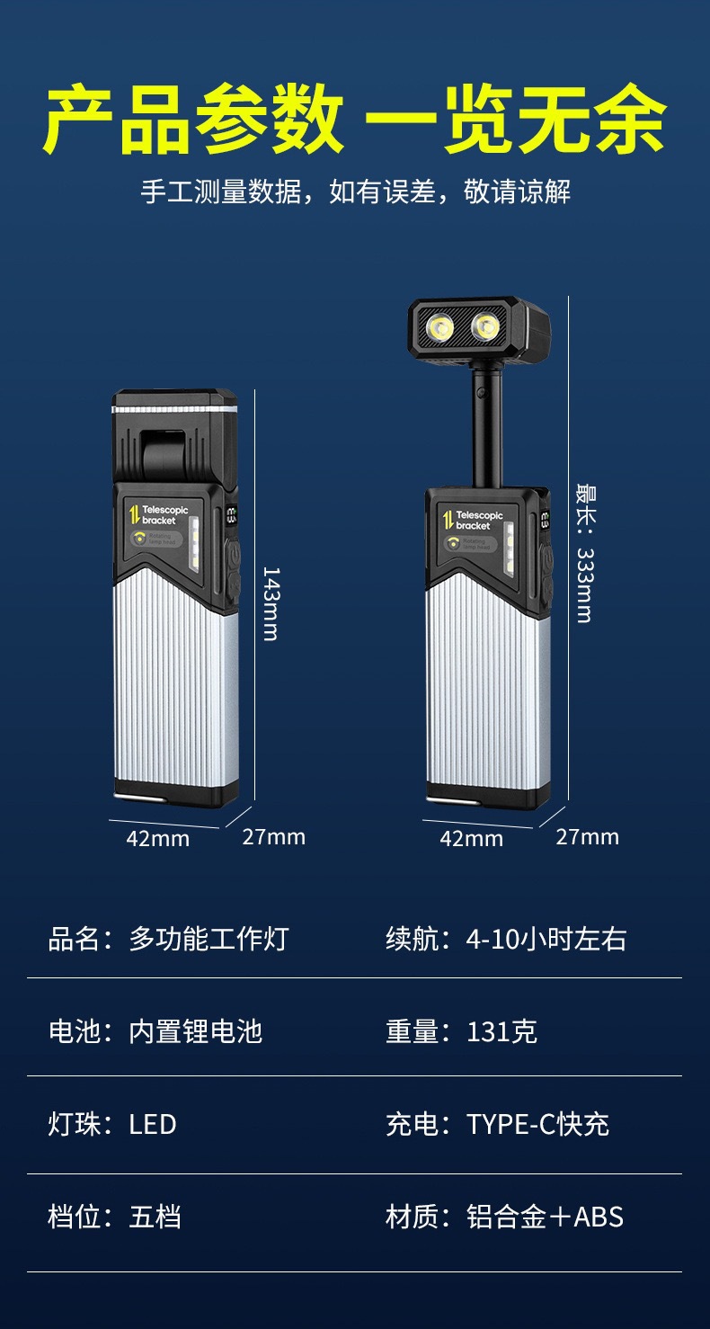 新款跨境户外露营180°旋转手持工作灯检修LED充电笔夹伸缩露营灯详情12