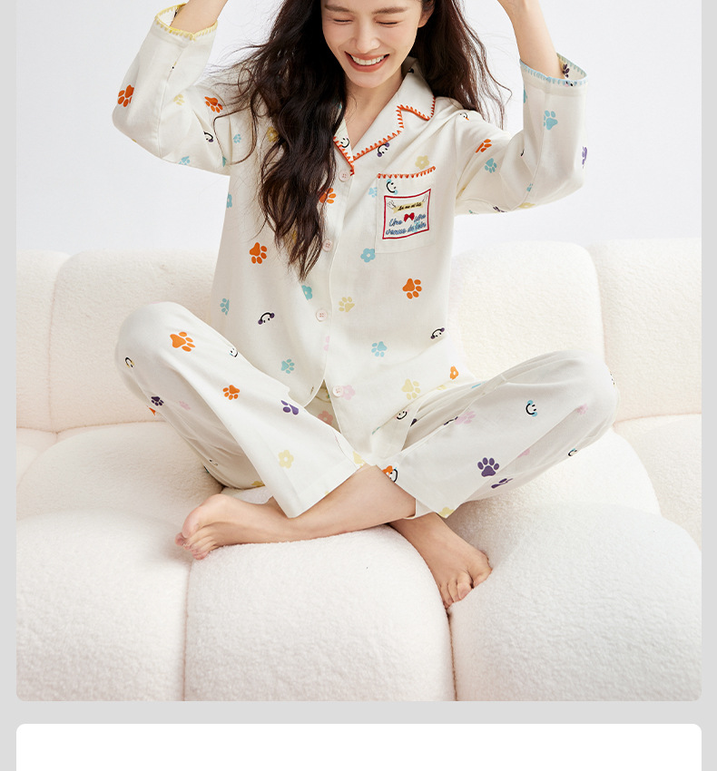 A类天丝棉莱赛尔睡衣女秋猫爪印长袖长裤睡衣春秋女士家居服套装详情10