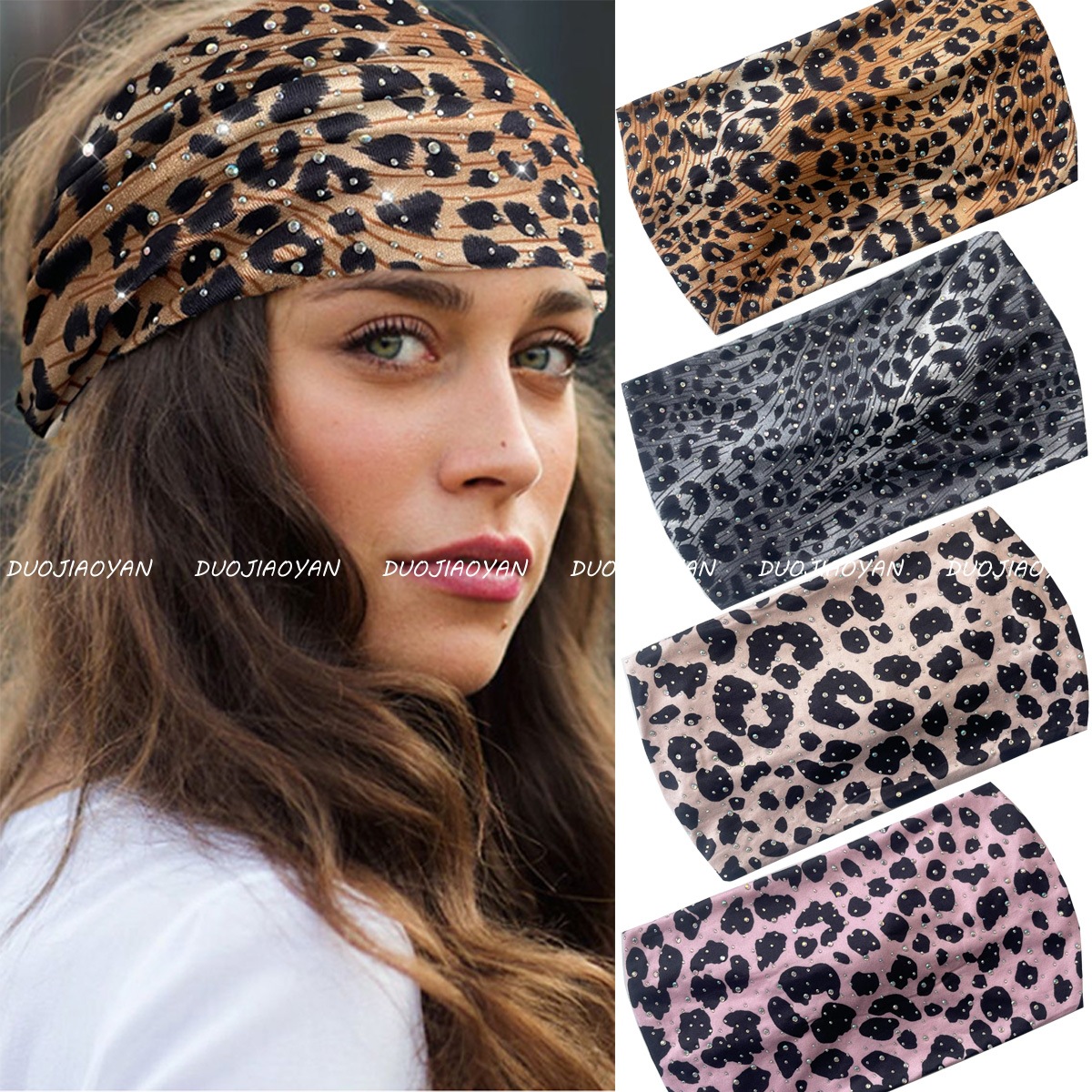 The new leopard print hot diamond hair band is a fashionable and hot girl. The wide-edge knotted elastic hair band is a sports sweat-absorbing headscarf for women pic 2