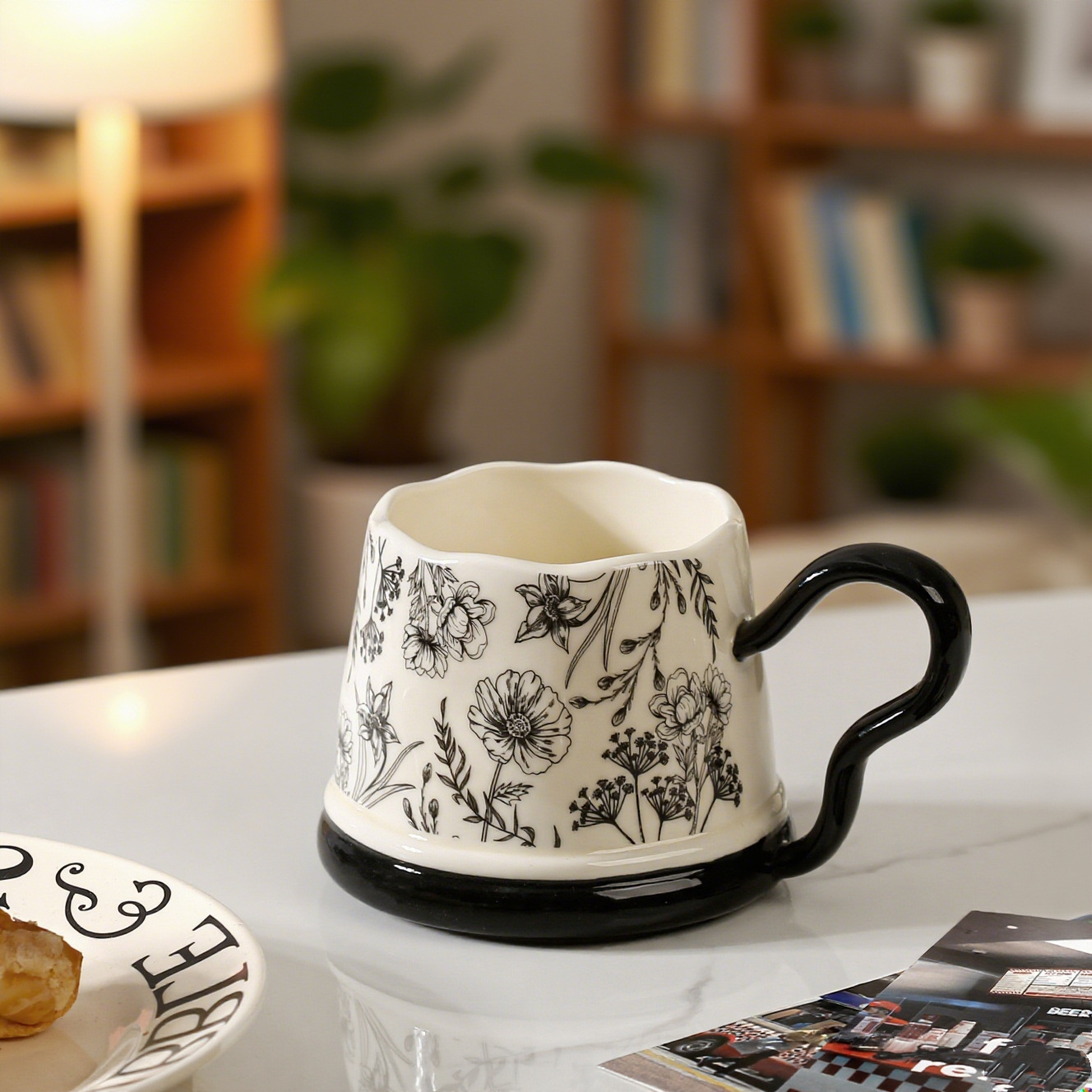 Classic black and white contrasting single cup with floral handle mug, office and home ceramic cup, small gift set cup pic 6