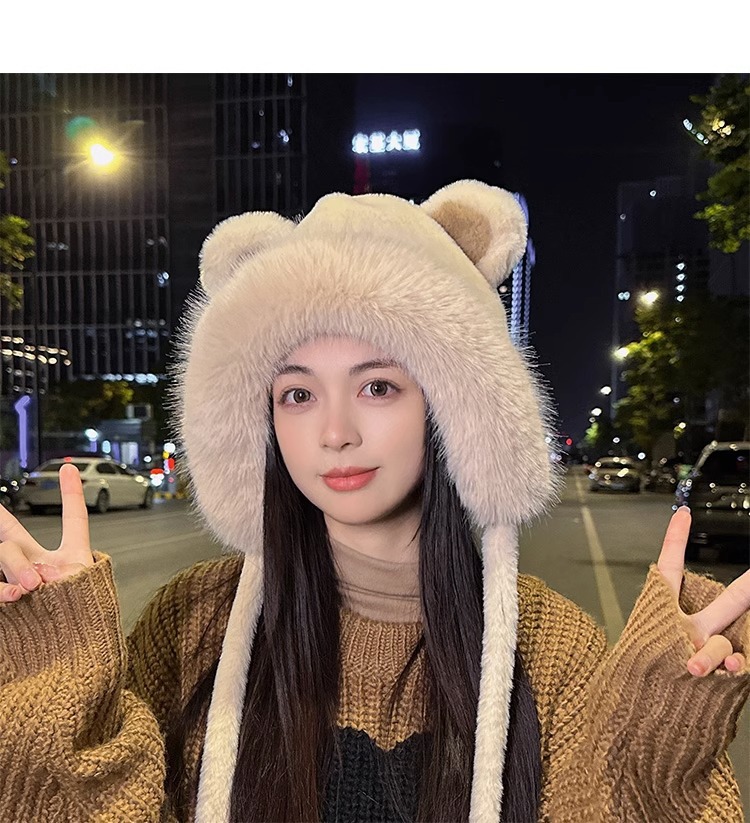 秋冬季可爱小熊毛绒绒百搭护耳包头帽女加厚套头防寒保暖加厚帽子详情25