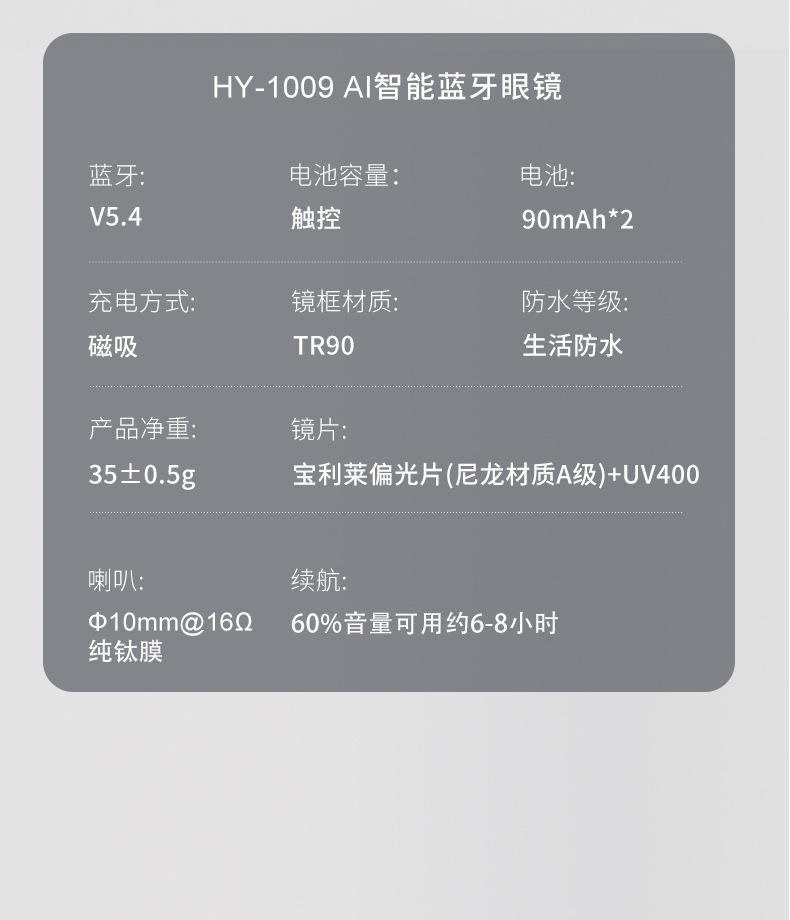 HY-1009智能蓝牙户外眼镜无线多功能骑行蓝光太阳墨镜开车通话详情20